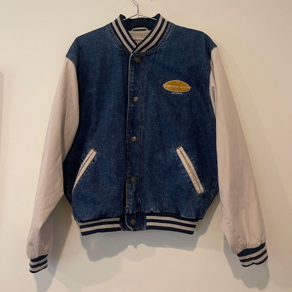 Vintage Time square sportswear denim bomber with Beach Bum logo.